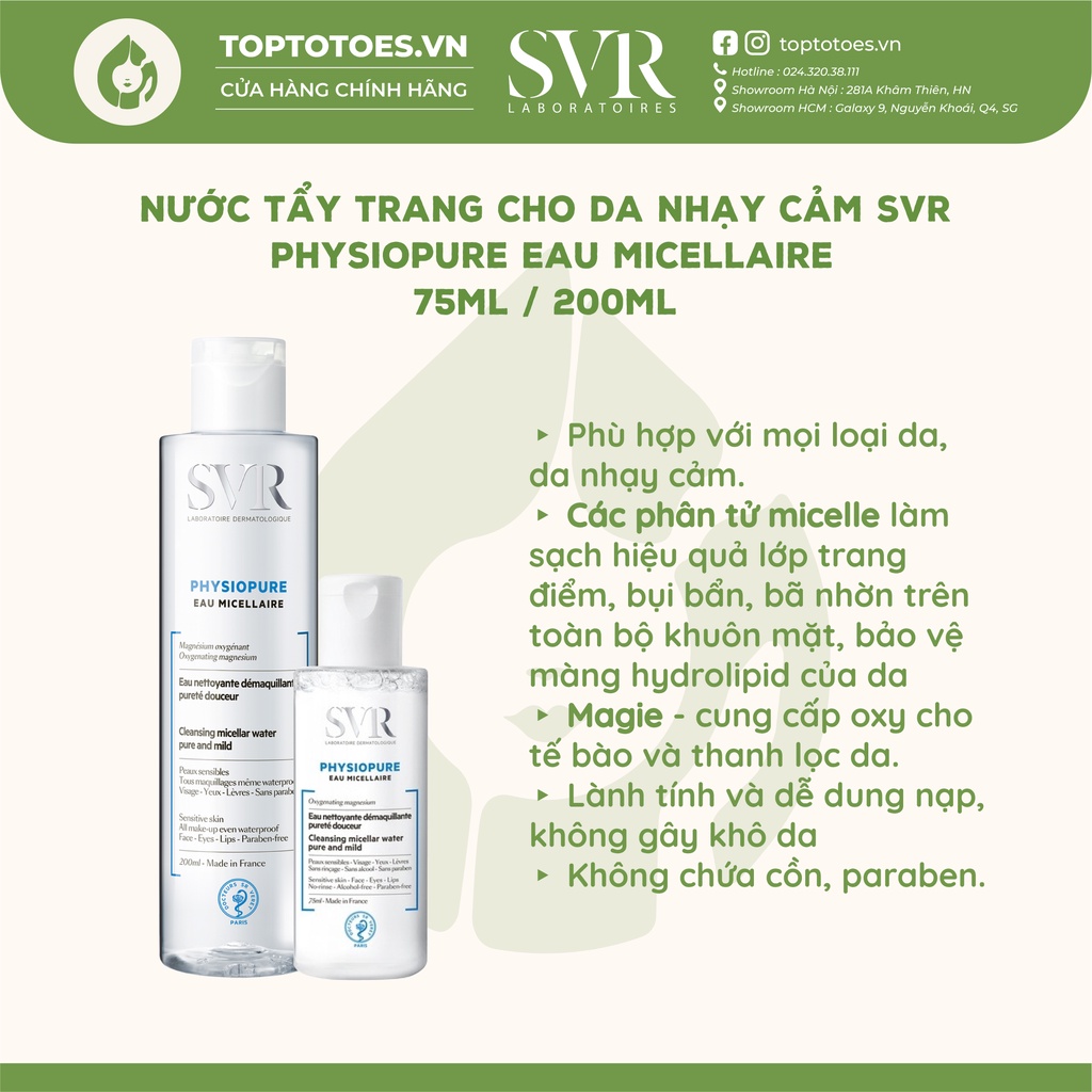 Nước tẩy trang cho da nhạy cảm SVR Physiopure Eau Micellaire 75ml/ 200ml [NHẬP KHẨU CHÍNH HÃNG 100%]