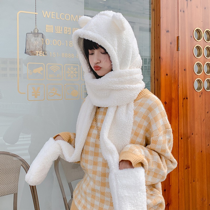 Mũ lông tai gấu kèm khăn quàng cổ và găng tay 3 in 1
