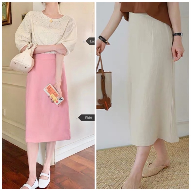 Chân váy midi chất linen mềm dáng A nhẹ cạp khóa xẻ sau