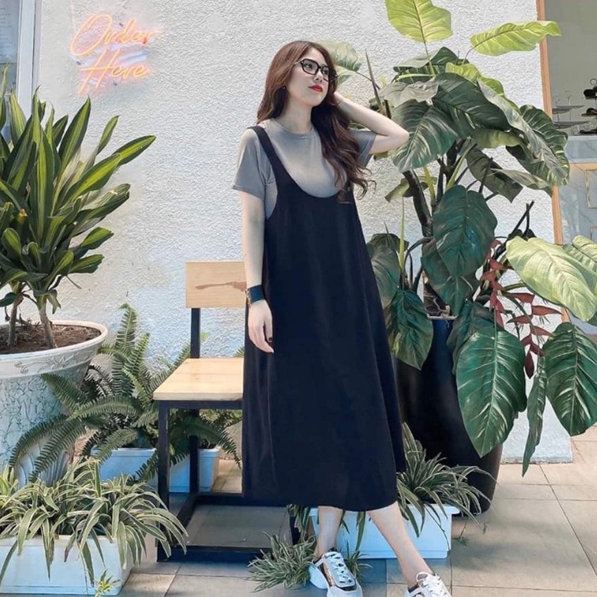 Đầm bầu thời trang thiết kế kiểu yếm bầu kèm áo phông MB131 chất đũi hàn freesize từ 45 đến 70kg