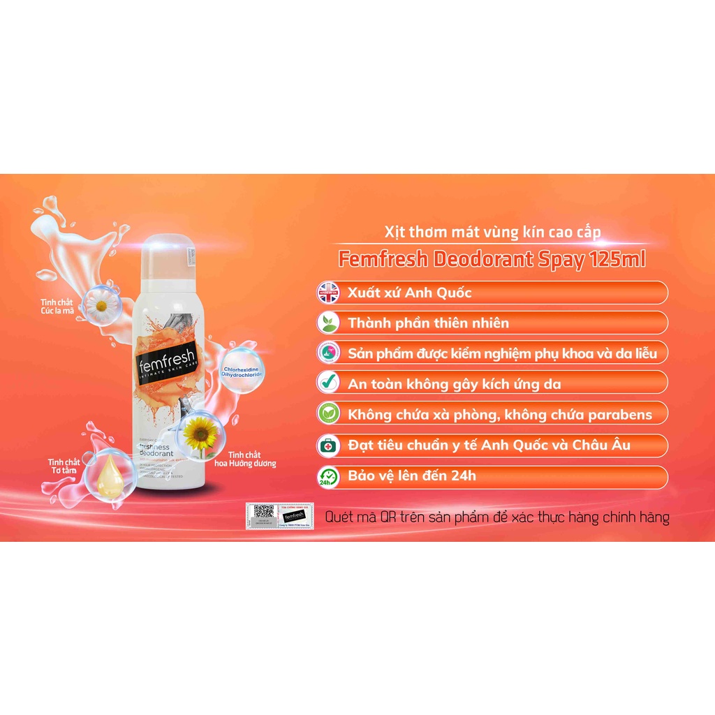 Xịt thơm mát vùng kín cao cấp Femfresh Deodorant Spay 125ml