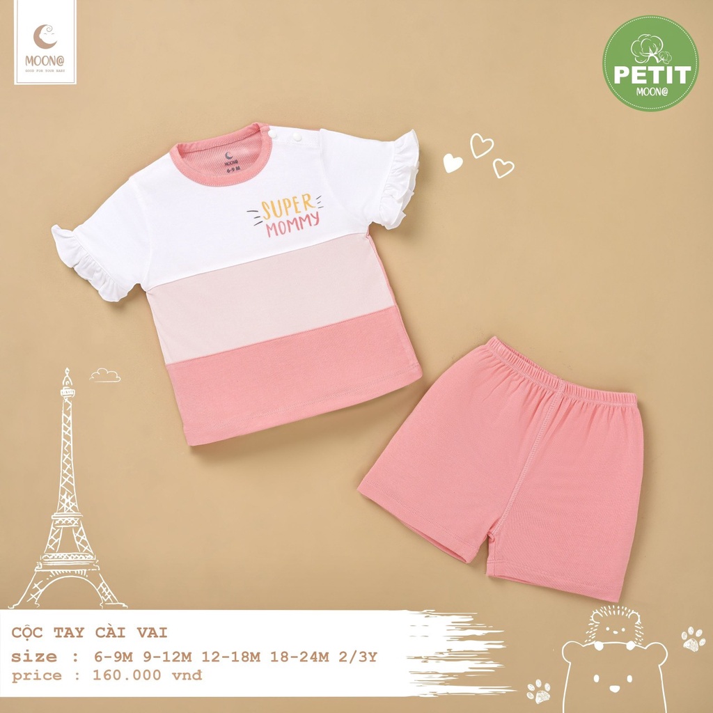 [CHÍNH HÃNG] Bộ quần áo cộc tay cài vai petit phối kẻ họa tiết trẻ em Moon