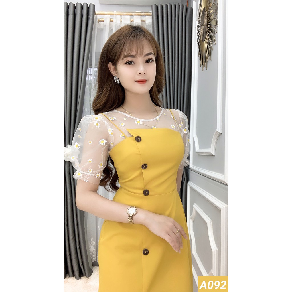 [Đồng giá 379k] Đầm Công Sở Dáng Suông Ôm Eo Có Tay, Ngực Phối Hoa - She Loves A092 Màu Vàng
