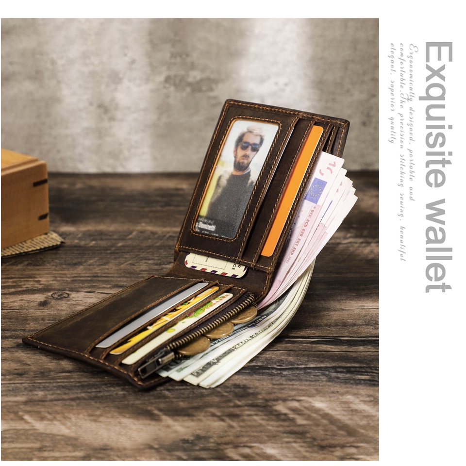 CONTACT'S Ví Da Ngựa Dáng Ngắn Gập Đôi Đựng Thẻ Tín Dụng / Tiền Xu Có Khóa Kéo Cho Nam