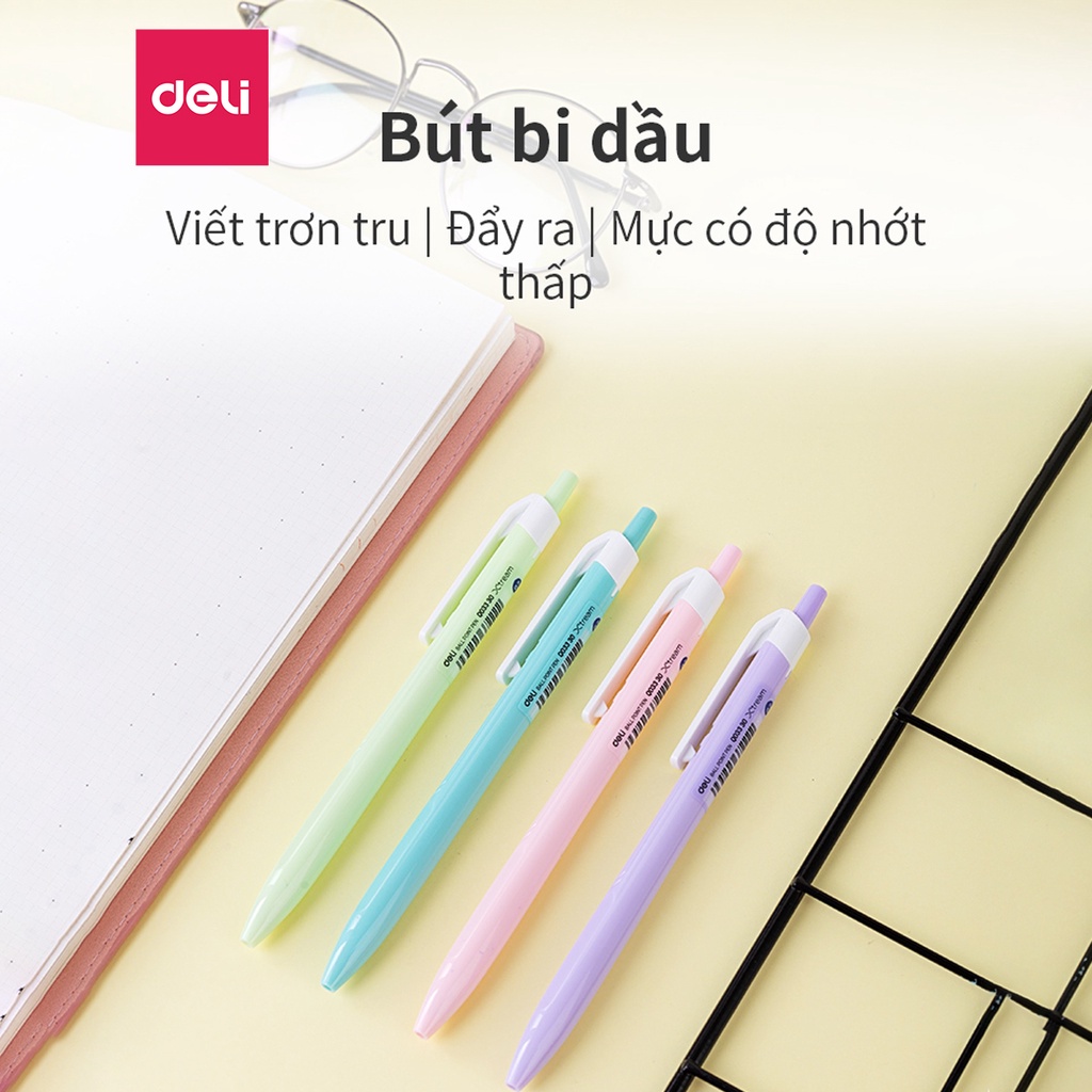 Bút bi bấm văn phòng mực xanh ngòi 0.7mm Deli giá rẻ viết nét đều trơn tru - Hộp 12 chiếc - EQ03330