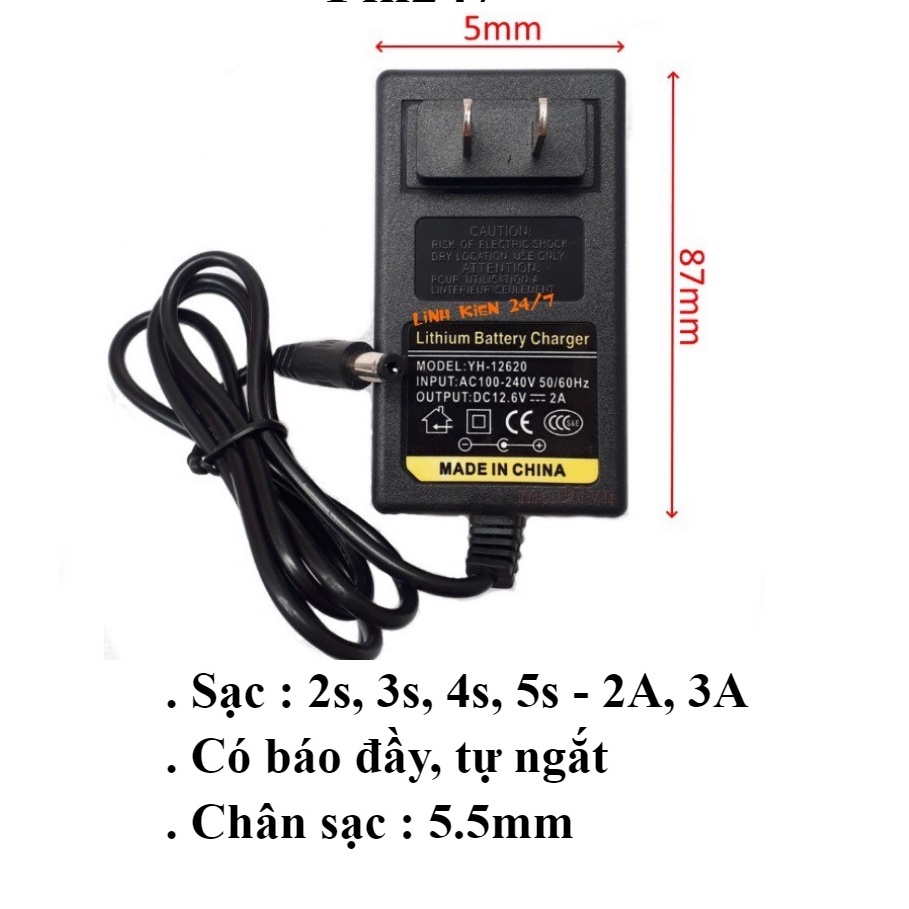Sạc pin 2s, 3s, 4s, 5s  8.4v, 12.6v, 16,8v, 21v có đèn báo đầy, tự ngắt sạc pin máy khoan bắn vít cầm tay