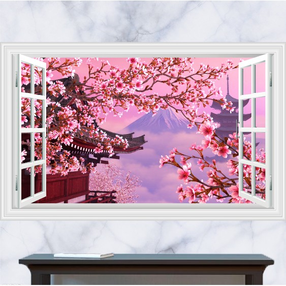 Decal trang trí khung cửa sổ Cung đình và Hoa Anh Đầo