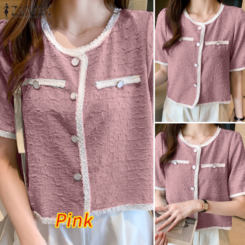 Áo sơ mi ZANZEA ngắn tay cổ tròn phong cách Hàn Quốc cho nữ