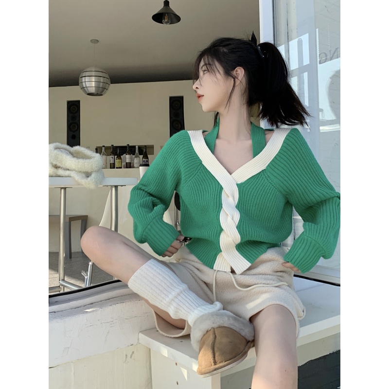 ZHELIHANGFEI Áo Len Tay Dài Cổ Chữ V Lưng Cao Phong Cách Quyến Rũ