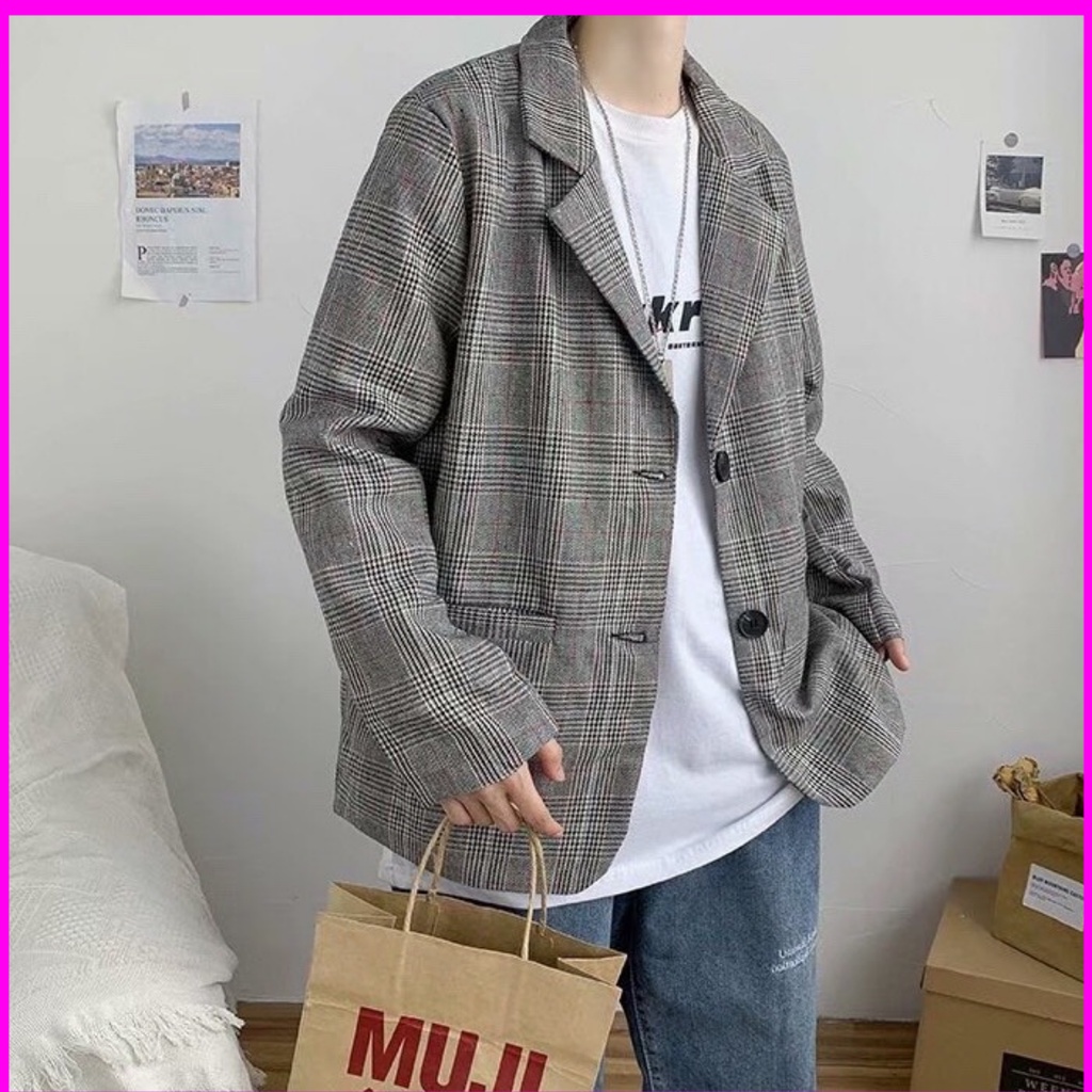 Áo blazer nam kẻ caro kiểu dáng thanh lịch  phong cách Hồng Kông 2021