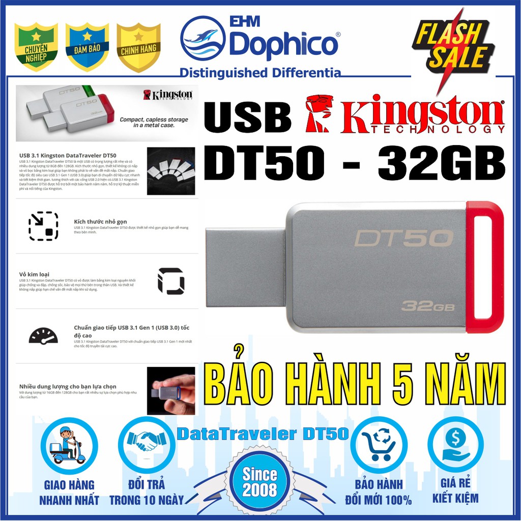 USB Kingston 32GB – DataTraveler DT50 – Vỏ thép nguyên khối – Chịu va đập – Kháng nước – CHÍNH HÃNG – BH 5 năm