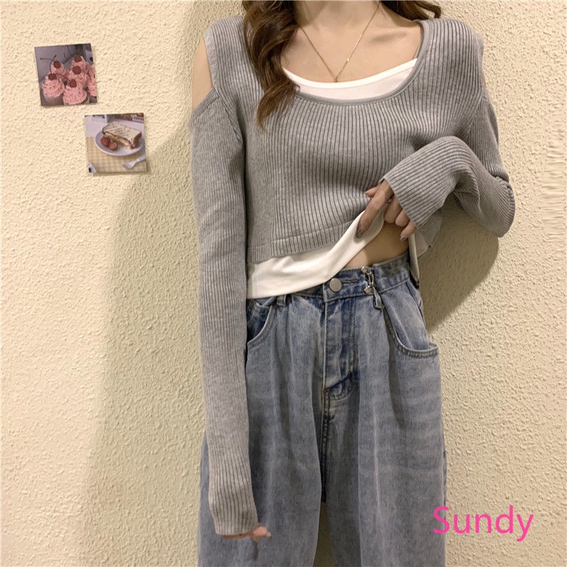 Áo dệt kim tay dài hở vai thời trang dành cho nữ