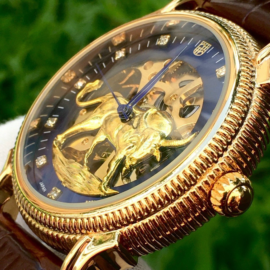 ⚡Ảnh Thật⚡Đồng Hồ Cơ Nam Automatic Dây Da Cao Cấp, Lộ Máy, Mặt Hình Trâu Vàng Thể Hiện Sự Sang Trọng Phú Quý