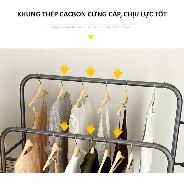 [𝐊𝐞̀𝐦 𝐛𝐚́𝐧𝐡 𝐱𝐞] Giá kệ treo quần áo 2 thanh có bánh xe, kèm theo các tầng để đồ gấp gọn | BigBuy360 - bigbuy360.vn