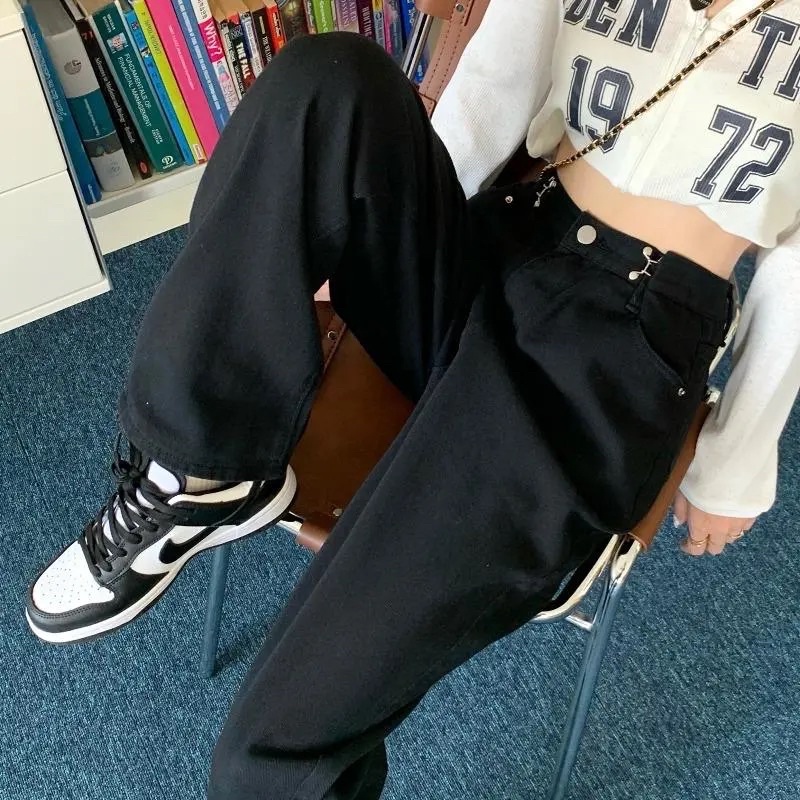 Quần Jeans Nam Nữ  Màu Đen Trắng Xanh Cạp Khuy Điều Chỉnh Eo Basic Hách Eo Hách Dáng Cạp Cao Ống Suông Loại 1