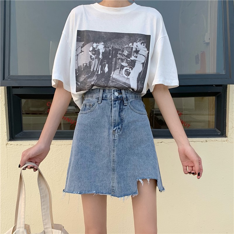 Xiaozhainv Chân váy chữ A lưng cao thiết kế bất đối xứng vải denim dành cho bạn nữ