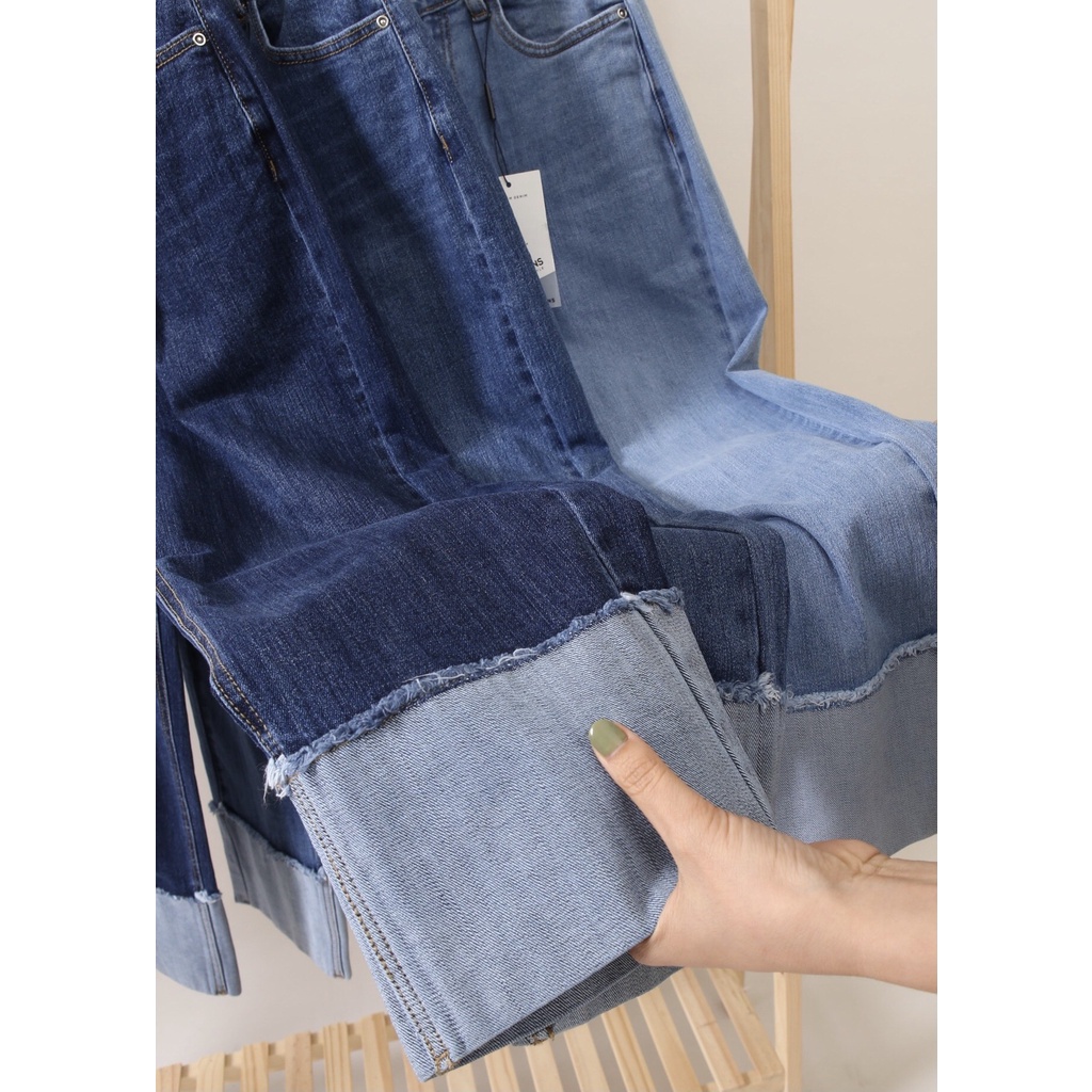 Quần jeans nữ HQJeans dáng suông ống rộng thiết kế gấp ngược gấu mới lạ phong cách thời trang trang nhã