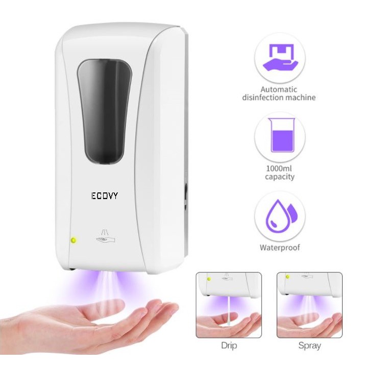 Máy xịt rửa tay cảm ứng tự động ECOVY vòi phun cồn/gel, màu trắng (1000ml)
