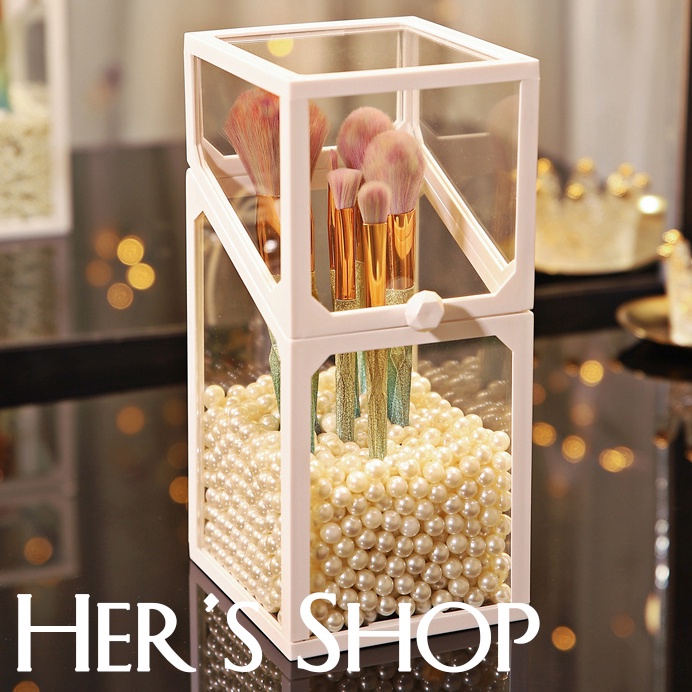 Hộp Đựng Cọ Trang Điểm Để Bàn Trong Suốt Hình Chữ Nhật Lục Giác Viền Đen Trắng - Hộp Bảo Quản Cọ Có Nắp Đậy Chống Bụi