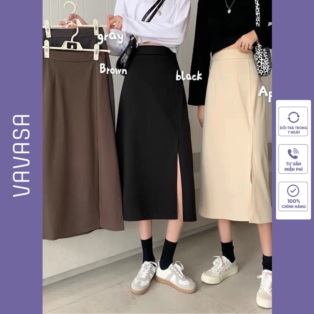Chân váy chữ a lưng cao dài xẻ tà công sở xếp ly bigsize VAVASA CV10