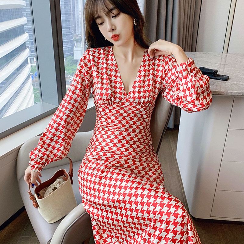 IELGY Đầm Dài Dáng Chữ A Cổ Chữ V Họa Tiết Sọc Caro Phong Cách Cổ Điển Thời Trang Cho Nữ