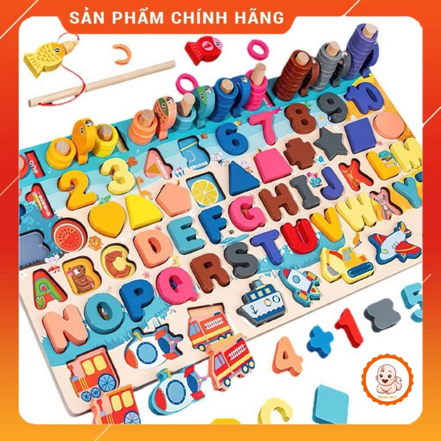 Bảng Ghép Gỗ Montessory Đa Chức Năng 6 Trong 1 Câu Cá Xếp Chữ Số Hình Khối Phương Tiện Giao Thông Thả Vòng rèn trí tuệ