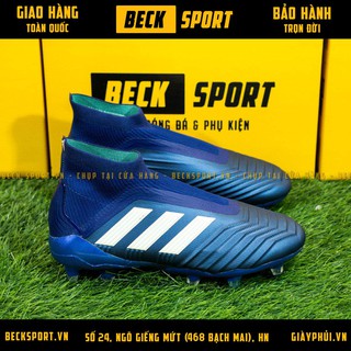 Giày Bóng Đá TQ Predator 18+ Xanh Biển Vạch Trắng Cao Cổ Không Dây FG