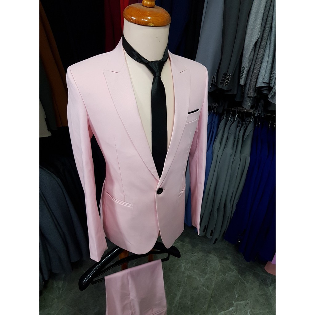 Bộ vest nam form ôm body chất liệu vải mềm mịn màu hồng + cà vạt nơ