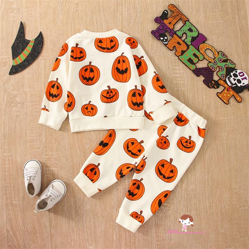 Set Áo Thun Tay Dài In Hình Bí Ngô Và Quần Dài Phong Cách Halloween Cho Bé