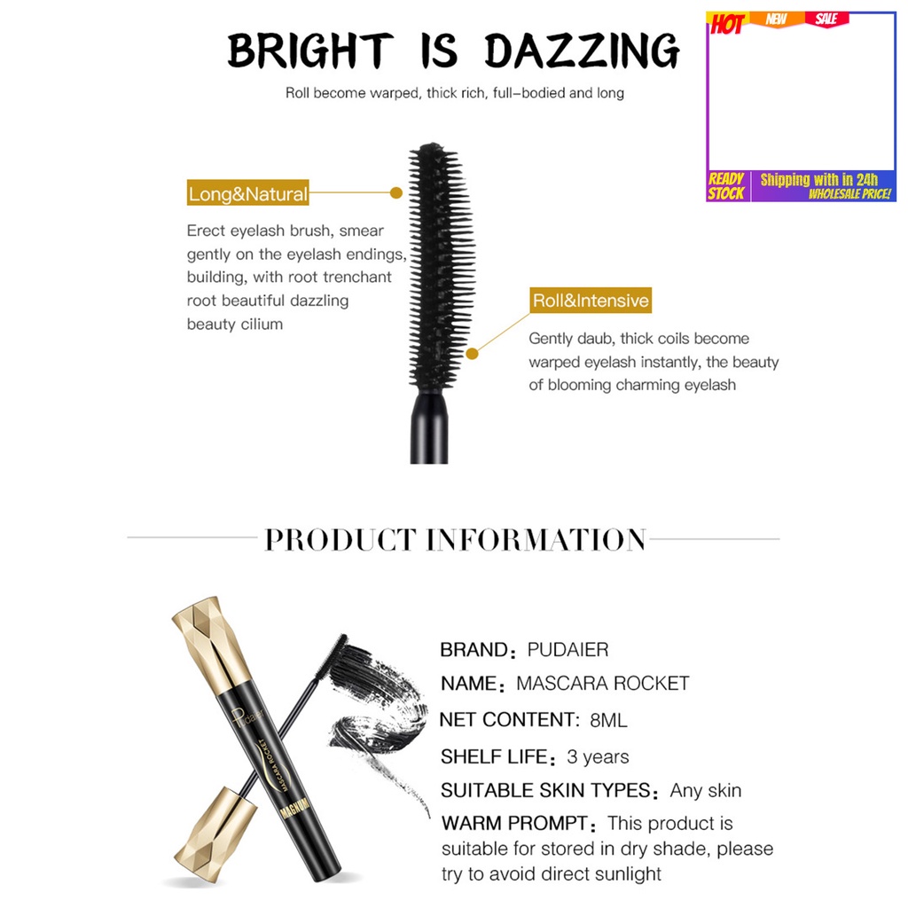 Mascara Pudaier 8ML Nhẹ Nhàng Chống Thấm Nước Chuốt Dài Và Cong Mi Tự Nhiên