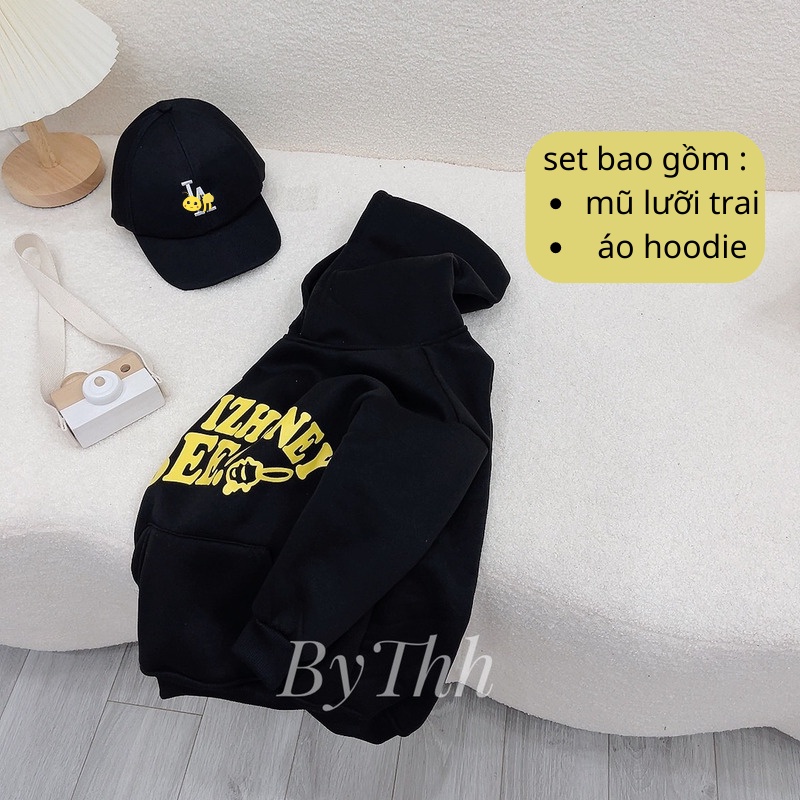 Áo nỉ có mũ cho bé gái nỉ bông cao cấp mềm nhẹ hình in ong vàng nổi bật set áo kèm mũ JIMADO
