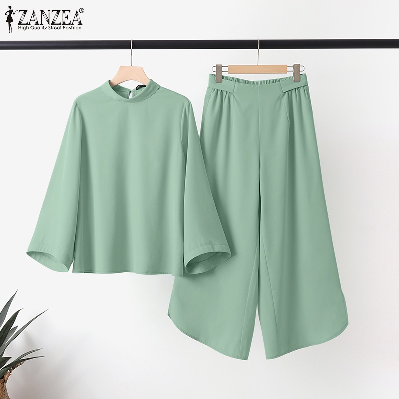 Zanzea Bộ Áo Tay Dài Ống Loe Kèm Quần Dài Lưng Thun Màu Trơn Dành Cho Phụ Nữ Hồi Giáo