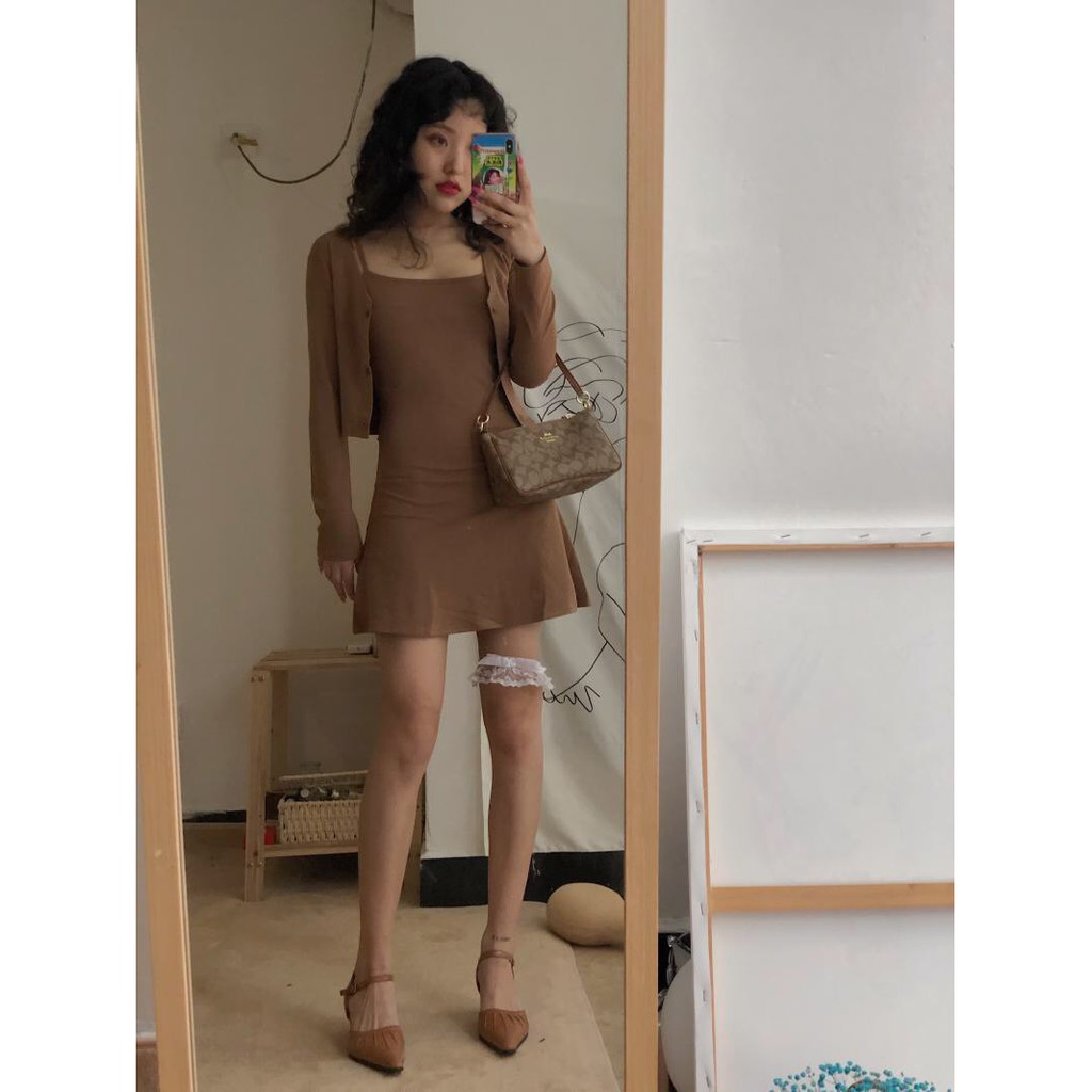 Set áo cardigan dài tay phối váy body 2 dây dáng suông ulzzang/ Set váy áo 2 món dáng ngắn trẻ trung cá tính_veestore