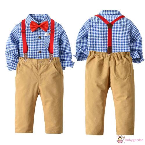 ღ♛ღ3PCS Baby Boys Outfit Bow+Plaid Tops+Pants Gentleman Clothes Set