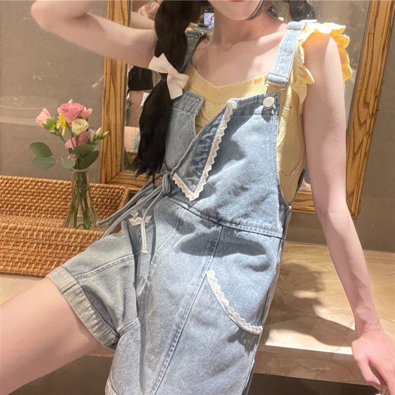 Quần Yếm Denim Ngắn Mỏng Lưng Cao Ống Rộng Viền Ren Phong Cách Mới 2022 Cho Nữ