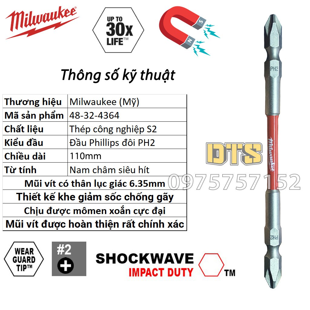 Mũi vít Milwaukee Mỹ siêu bền PH2 dài 110mm, mũi bắt vít 2 đầu 4 cạnh bake có nam châm từ siêu cứng, chống gỉ, chống tòe