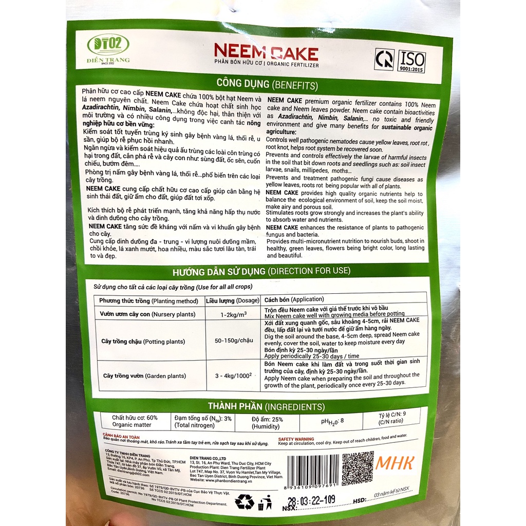 Phân Hữu Cơ Neem Cake DT02 hạn chế Cuốn Chiếu, Sùng Đất, Rệp Đất, Côn Trùng Gây Hại Gói 750 Gram !