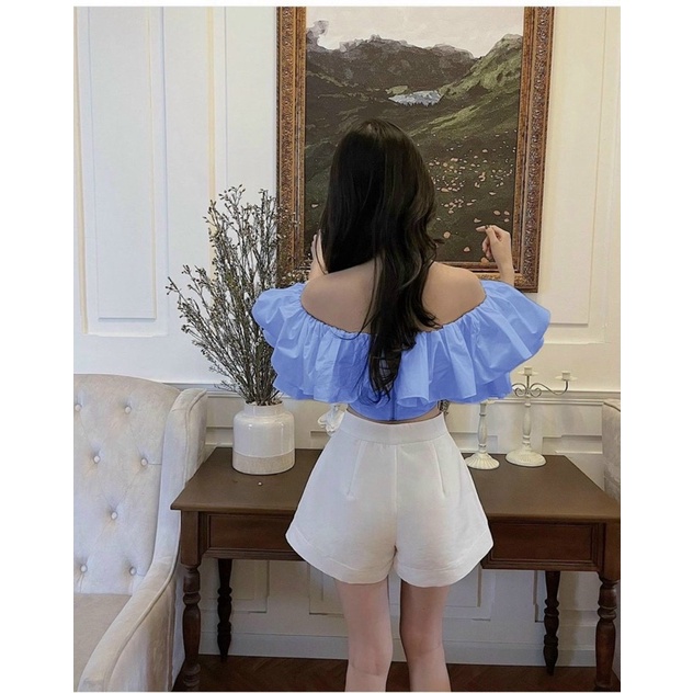 Áo Kiểu Trễ Vai Xanh Tay Ngắn Bèo Dáng Croptop Dún Lưng Co Dãn Kèm Ảnh Thật