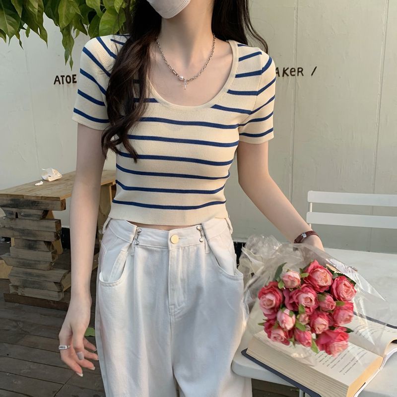 Jiashucheng Áo Thun Ngắn Tay Họa Tiết Kẻ Sọc Phong Cách Mới Cho Nữ