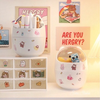 Thùng rác mini hình gấu và mèo để bàn dễ thương có nắp lật tặng kèm sticker