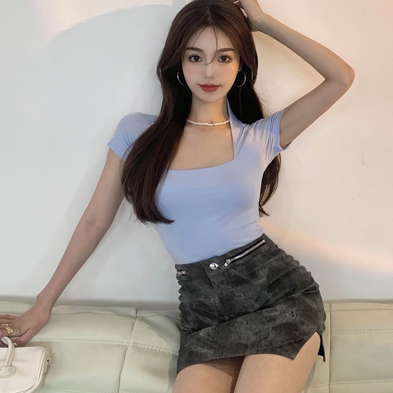 IELGY Áo Thun Ngắn Tay Ôm Dáng + Áo Ngắn Tay Phong Cách Retro Thời Trang Mùa Hè Cho Nữ