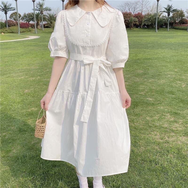 Váy Ulzzang 🌸 Váy tiểu thư cổ bẻ thắt dây eo dành cho nữ phong cách Hàn Quốc chất đũi mịn bánh bèo | BigBuy360 - bigbuy360.vn