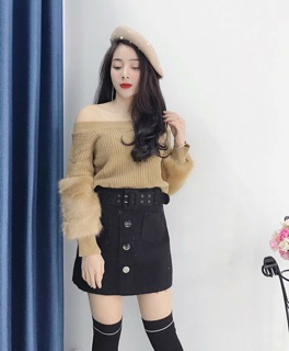 Áo len trễ vai tay lông ( kèm ảnh thật )