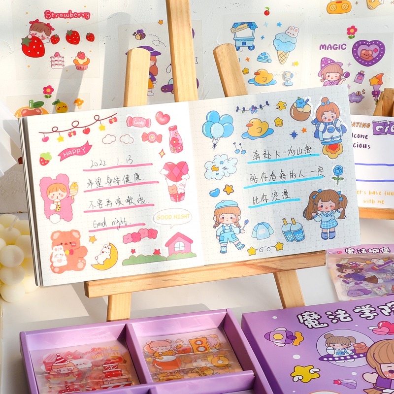 Hộp 100 tấm, 1000 sticker dễ thương dán trang trí bình nước, sổ tay, điện thoại Tiệm Ốc Sột-ST001