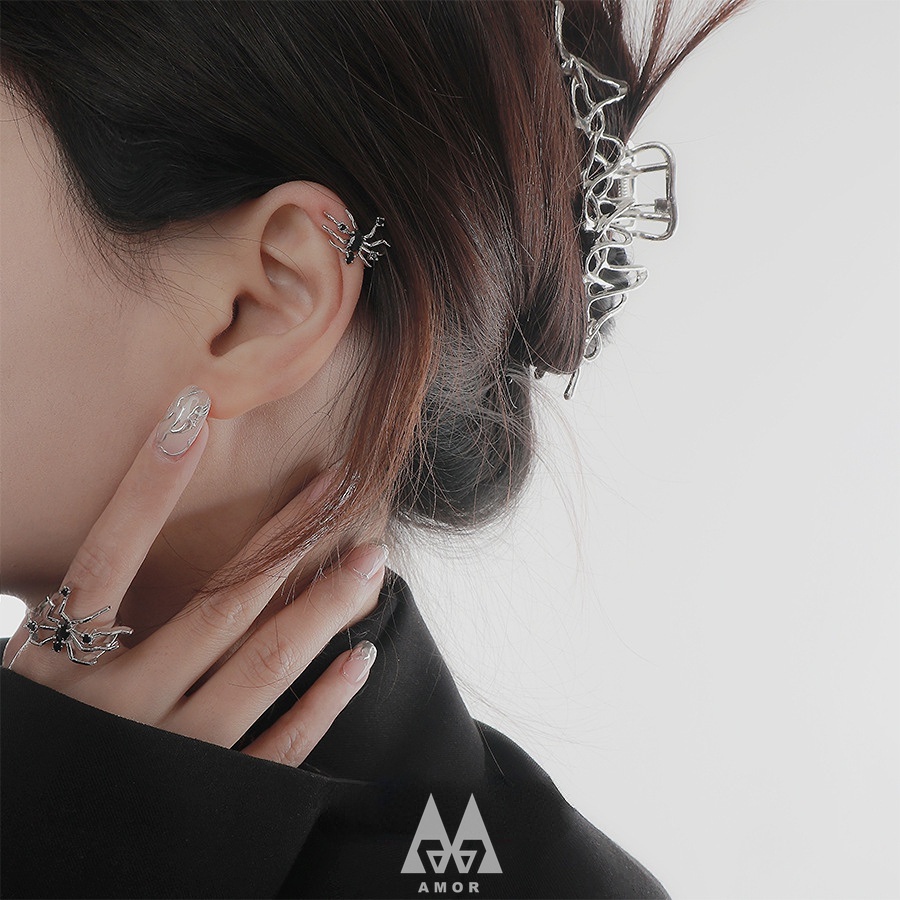 Khuyên Tai Kẹp Hình Xương Nhện Đính Đá Màu Đen/Bạc Phong Cách Gothic Gothic Cho Nữ