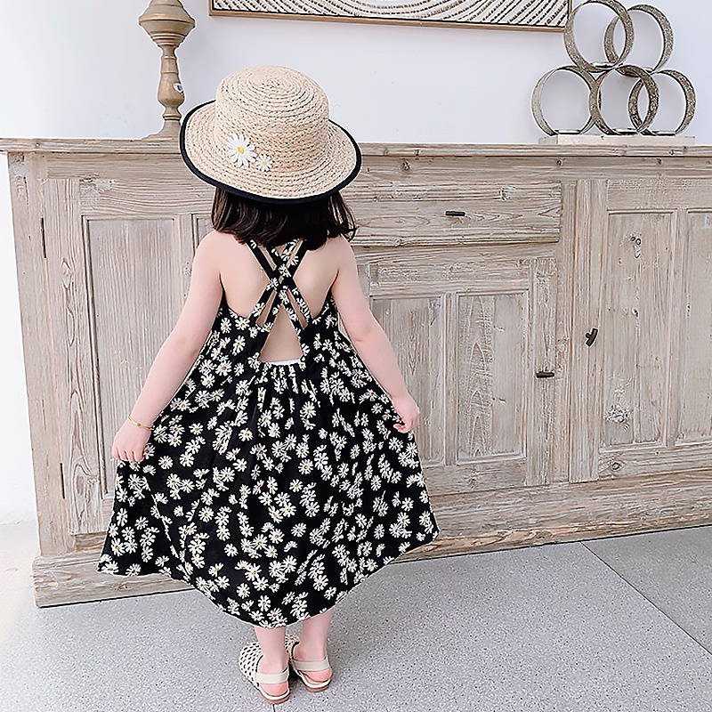 Đầm Voan Hai Dây Hở Lưng Họa Tiết Hoa Cúc Phong Cách Công Chúa Thời Trang Cho Bé Gái