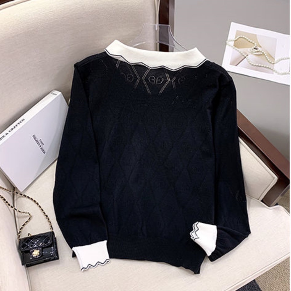 Áo Sweater Dệt Kim Tay Dài Cổ Búp Bê Màu Sắc Tương Phản Thời Trang Mùa