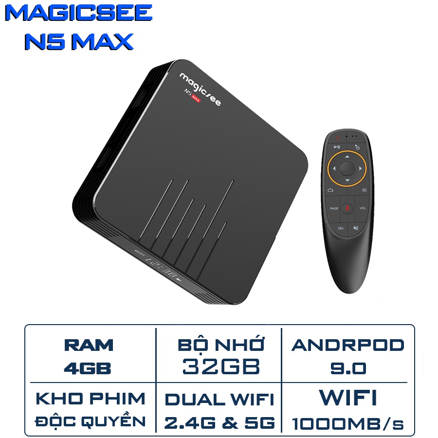 [Mã 88ELSALE giảm 7% đơn 300K] Android Tivi Box Magicsee N5 Max phiên bản 2020 - Ram 4GB, Rom 32Gb, Android 9.0 ( Có