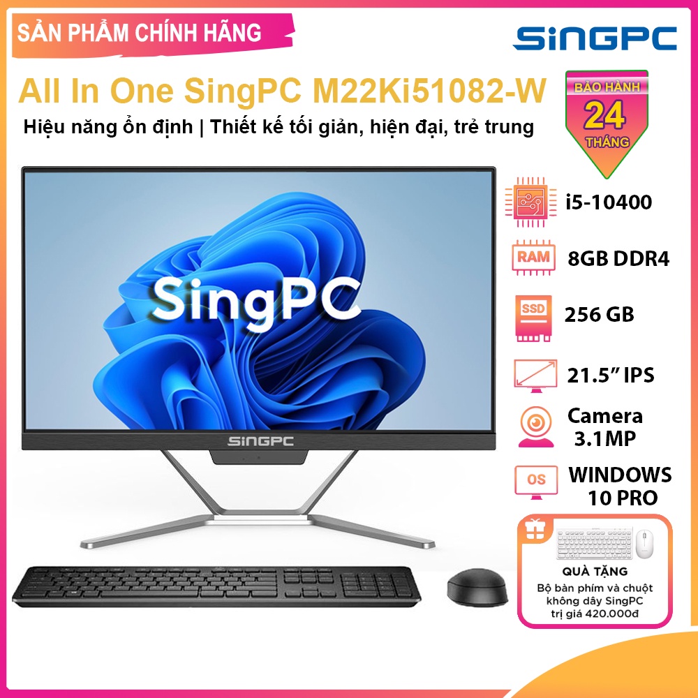 Máy tính All In One SingPC M22Ki582-W (Core™ i5-10400, 8GB, SSD 256GB, 21.5" Full HD IPS, LAN, WiFi, Bluetooth, Loa)