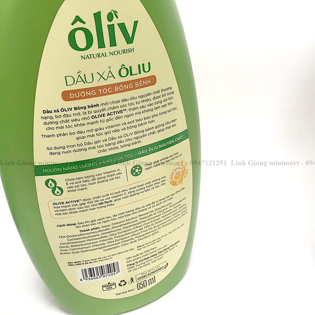 Dầu gội Dầu xả Oliv chứa thành phần Oliu thiên nhiên nuôi dưỡng tóc chắc khỏe và bồng bềnh 650ml